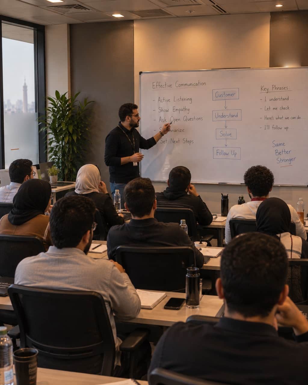 A training room seen from the back: a trainer at a whiteboard of call structure and key phrases, a dozen new agents taking notes