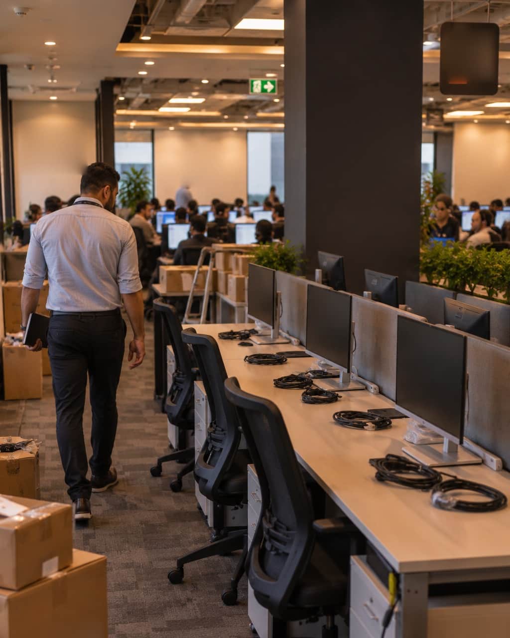 A floor manager walks a new row of desks still being set up, monitors unboxed and cables coiled, the working floor busy behind
