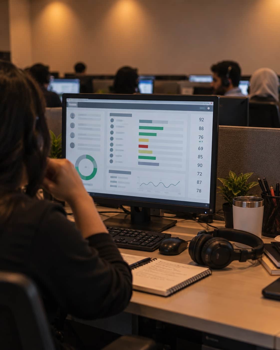 A QA analyst at her desk reviewing a call scoring dashboard, a column of scores down the right of the screen, headphones resting beside the keyboard