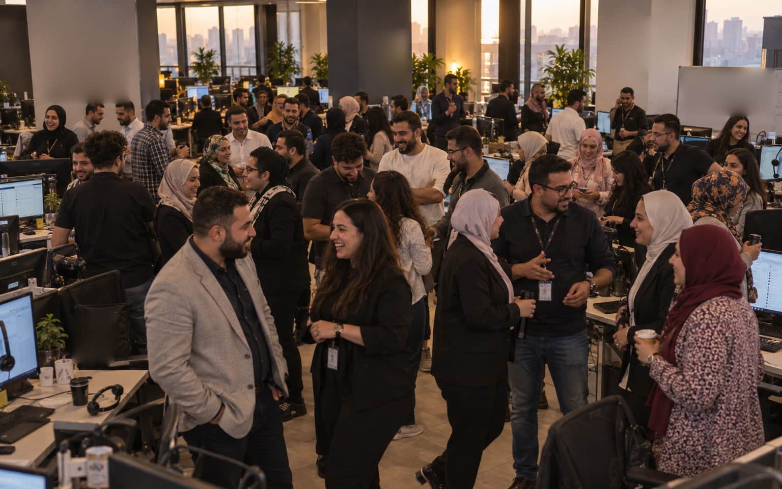 Forty or so of the DialExpert team standing between the desk rows at the end of a shift, talking in small groups, the Cairo skyline at sunset behind
